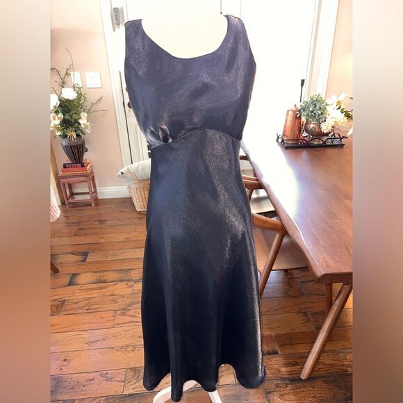 Rabbit Designs Black Satin Sheath Cocktail Dress Cutout Back Midi 10 Made in USA - Picture 3 of 9